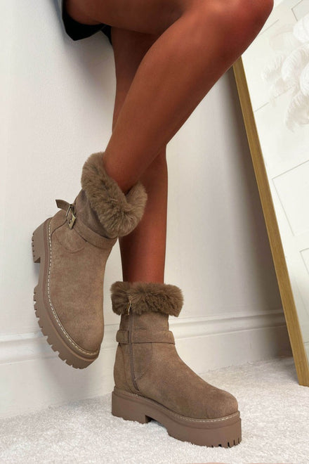 Camel Suede Faux Fur Lined Winter Ankle Boots