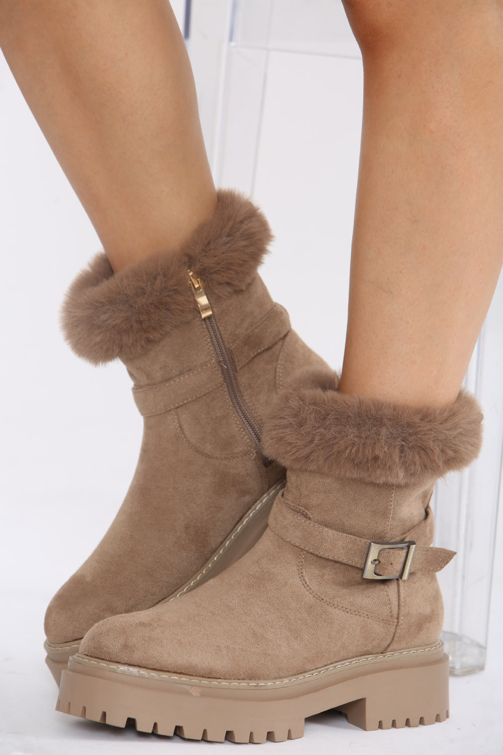 Camel Faux Fur Collar Buckle Ankle Boot