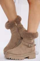 Camel Faux Fur Collar Buckle Ankle Boot