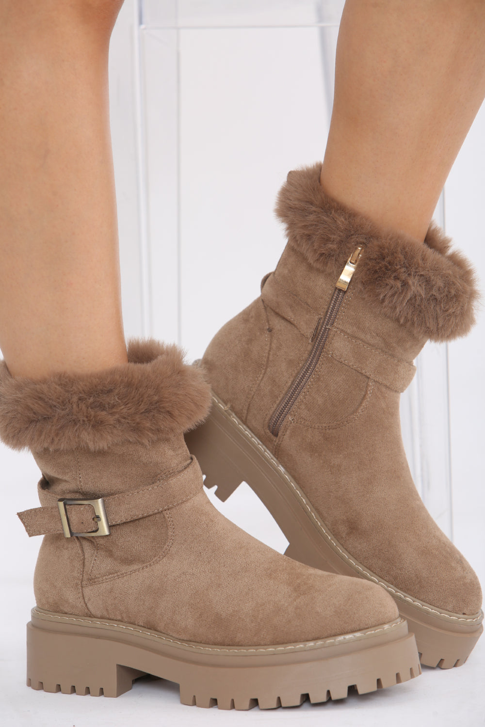 Camel Faux Fur Collar Buckle Ankle Boot