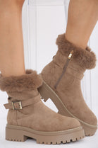 Camel Faux Fur Collar Buckle Ankle Boot