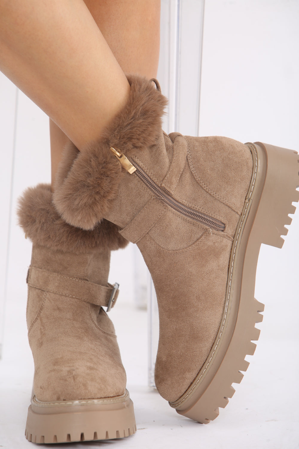 Camel Faux Fur Collar Buckle Ankle Boot