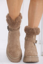 Camel Faux Fur Collar Buckle Ankle Boot