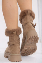 Camel Faux Fur Collar Buckle Ankle Boot