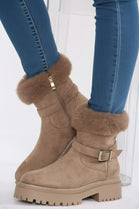 Camel Faux Fur Collar Buckle Ankle Boot (PACK A)