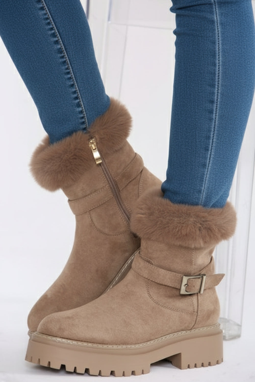 Camel Faux Fur Collar Buckle Ankle Boot