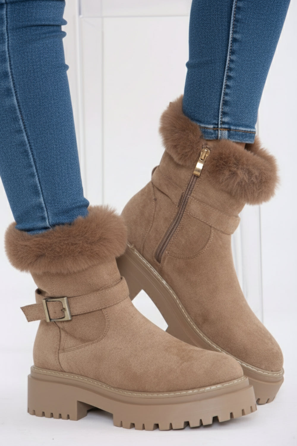 Camel Faux Fur Collar Buckle Ankle Boot