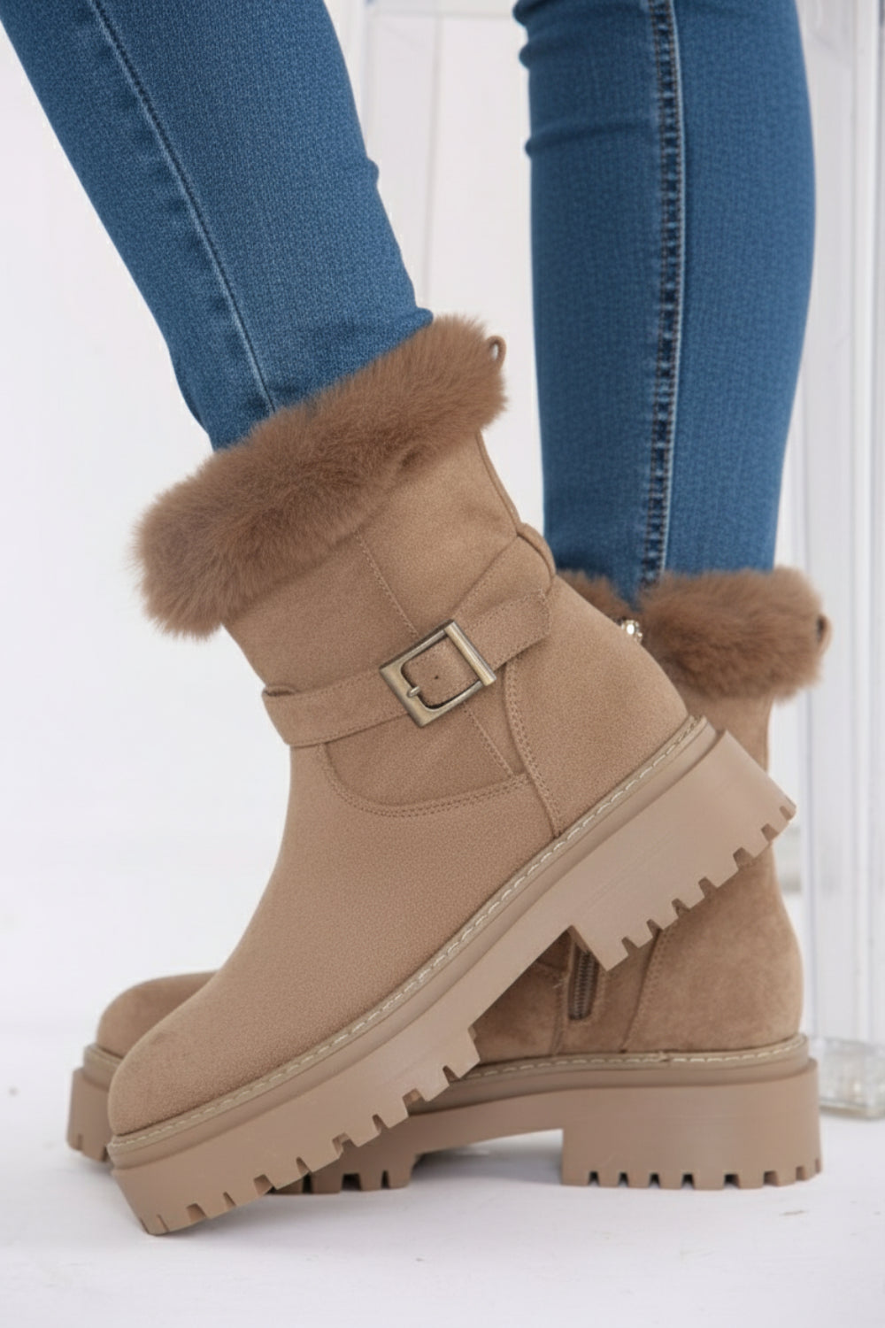 Camel Faux Fur Collar Buckle Ankle Boot