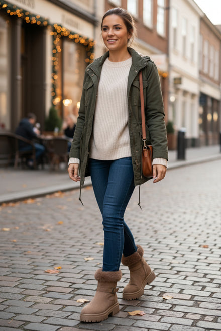 Camel Faux Fur Collar Buckle Ankle Boot