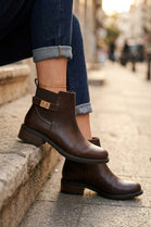 Women’s Brown Leather-Look Ankle Boots with Buckle Detail & Block Heel