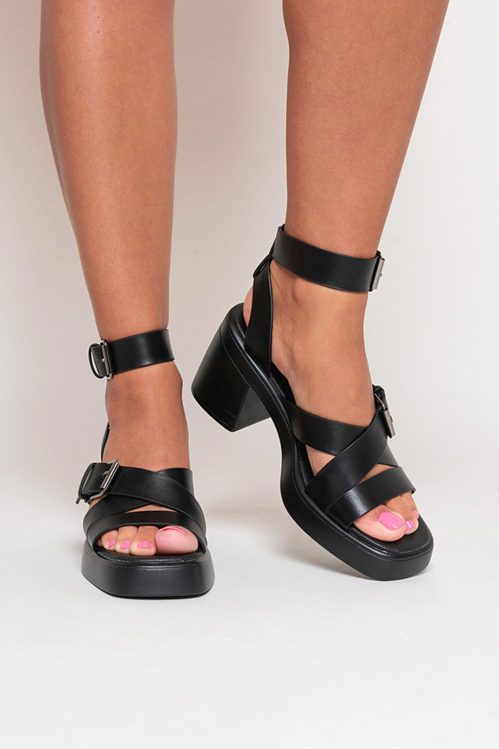 Black Block Heel Strap Chunky Platform Sandals