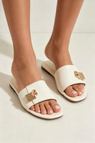 Women’s Cream Flat Slide Sandals with Gold Padlock Buckle