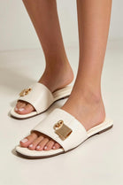 Women’s Cream Flat Slide Sandals with Gold Padlock Buckle