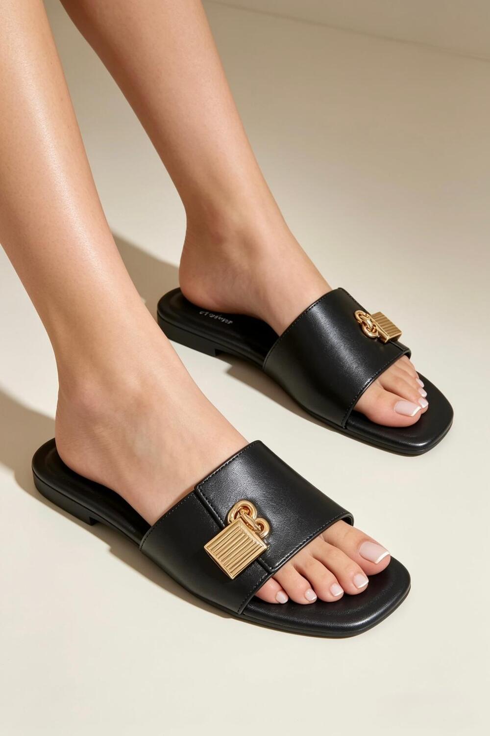 Women’s Black Pu Flat Slide Sandals with Gold Padlock Buckle - 12 Pairs
