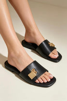 Women’s Black Pu Flat Slide Sandals with Gold Padlock Buckle - 12 Pairs