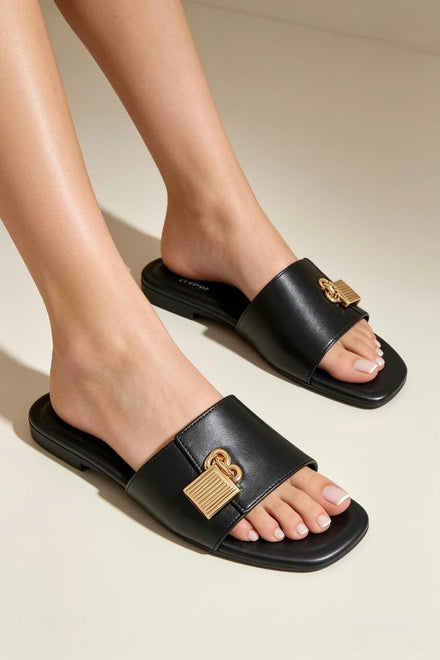 Women’s Black Pu Flat Slide Sandals with Gold Padlock Buckle - 12 Pairs