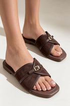 Women’s Brown Suede Cross Strap Flat Slides Buckle Sandals