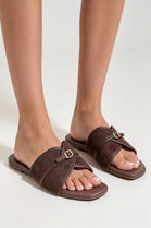 Women’s Brown Suede Cross Strap Flat Slides Buckle Sandals