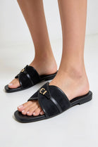 Women’s Black Suede Cross Strap Flat Slides Buckle Sandals