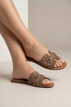 Women’s Camel Suede Slip-On Sandals with Gold Bit Detail