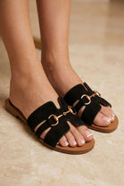 Women’s Black Suede Slip-On Sandals with Gold Bit Detail