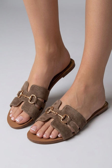 Women’s Camel Suede Slip-On Sandals with Gold Bit Detail