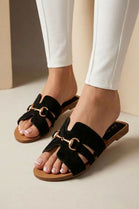 Women’s Black Suede Slip-On Sandals with Gold Bit Detail