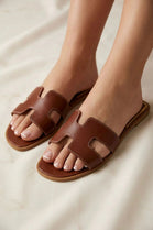 Tan Faux Leather Cut-Out Sandals Summer Flat Slides