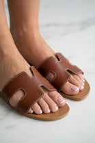 Tan Faux Leather Cut-Out Sandals Summer Flat Slides