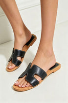Black Faux Leather Cut-Out Sandals Summer Flat Slides