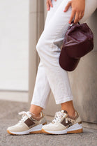 BEIGE GOLD ZIP DETAIL LACE UP CHUNKY WEDGE TRAINERS