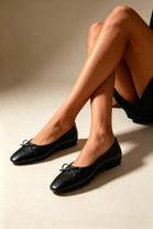 Black Faux Leather Classic Ballet Flats with Front Bow Detail