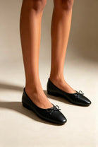 Black Faux Leather Classic Ballet Flats with Front Bow Detail
