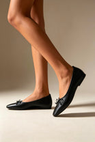 Black Faux Leather Classic Ballet Flats with Front Bow Detail