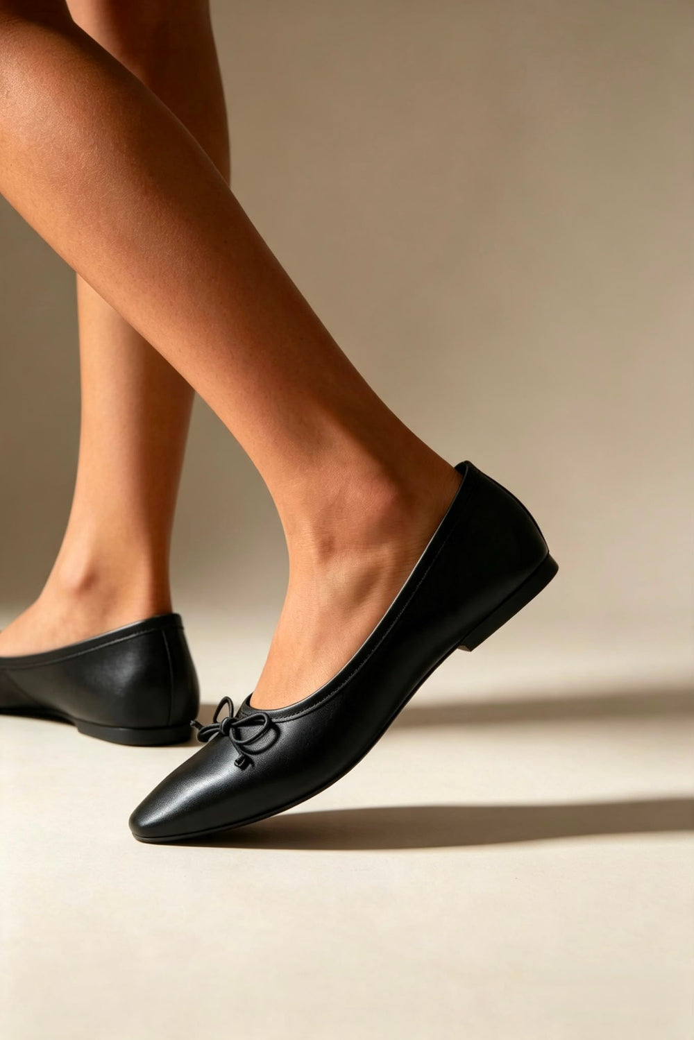 Black Faux Leather Classic Ballet Flats with Front Bow Detail