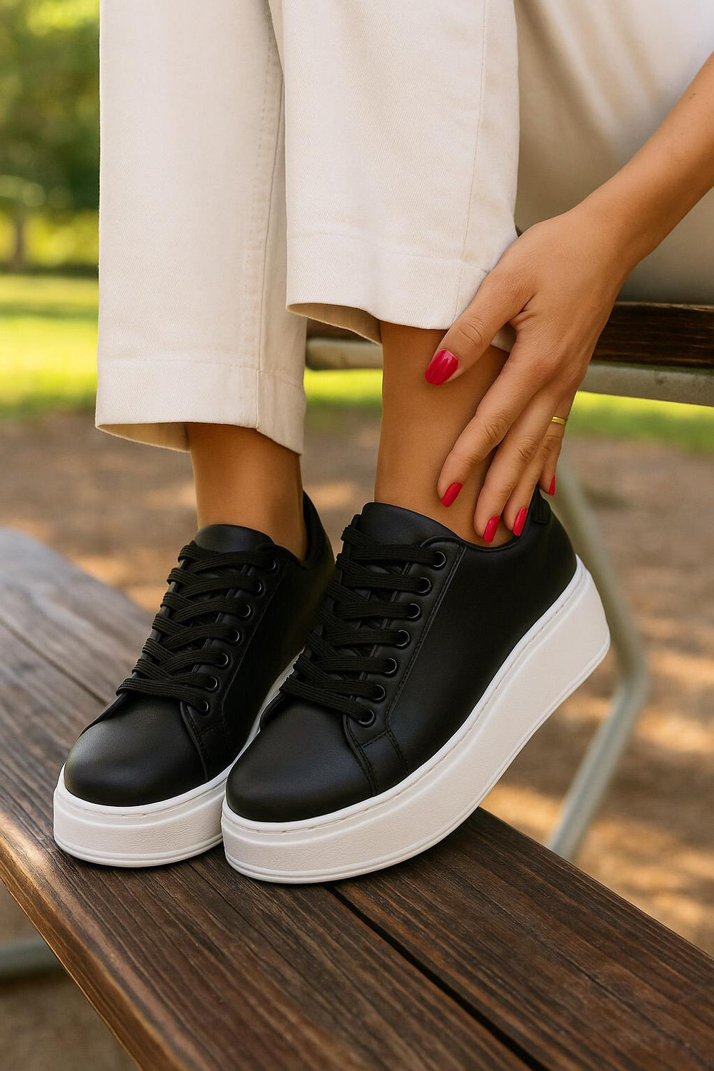 Women's Lace Up Black Chunky Flat Casual Fashion Designer Trainers