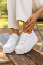 Women's Lace Up White Chunky Flat Casual Fashion Designer Trainers