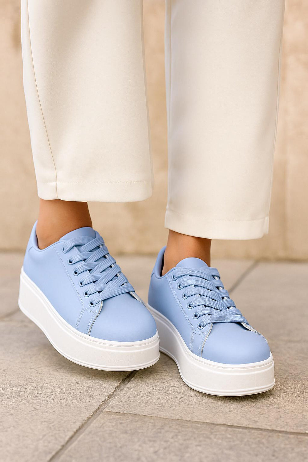 Women's Lace Up Blue Chunky Flat Casual Fashion Designer Trainers