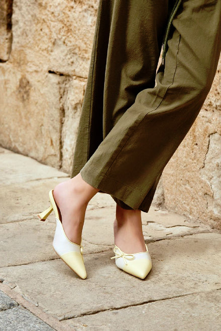 Women’s Yellow Bow Detail Pointed Toe Mule Heels