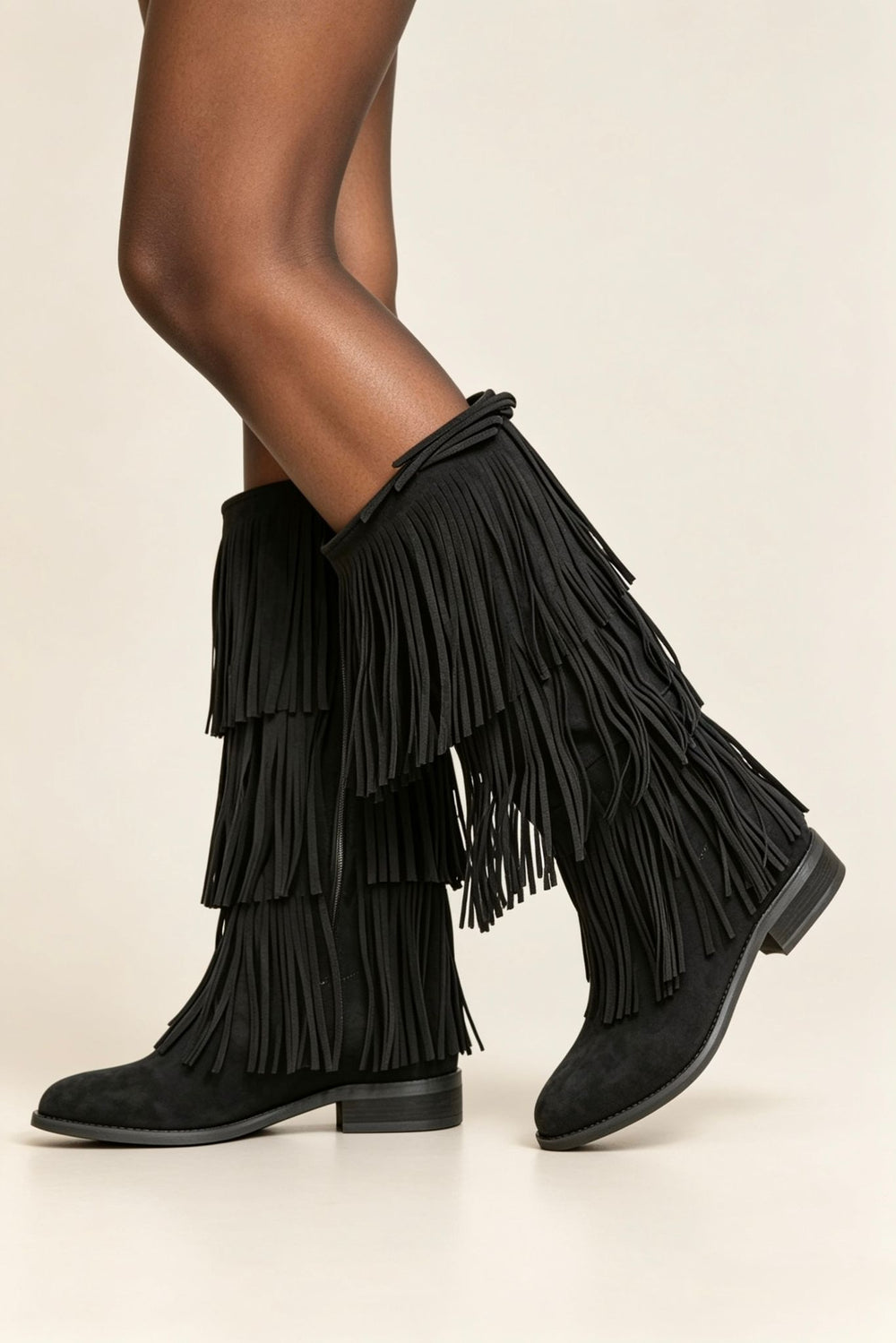 Black Faux Suede Fringe Western Cowboy Boots