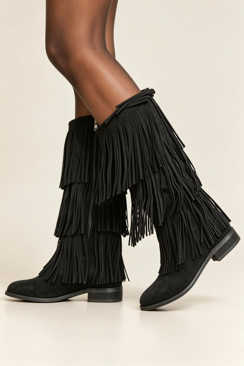 Black Faux Suede Fringe Western Cowboy Boots