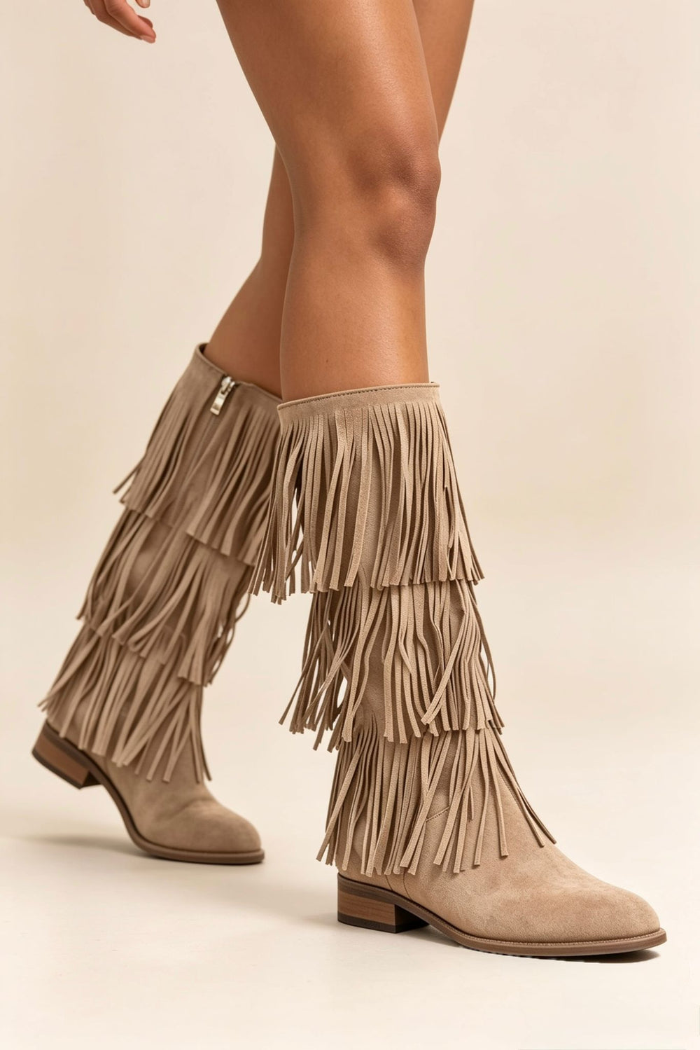 Beige Faux Suede Fringe Western Cowboy Boots