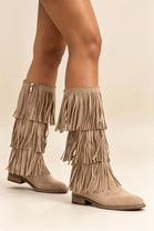 Beige Faux Suede Fringe Western Cowboy Boots