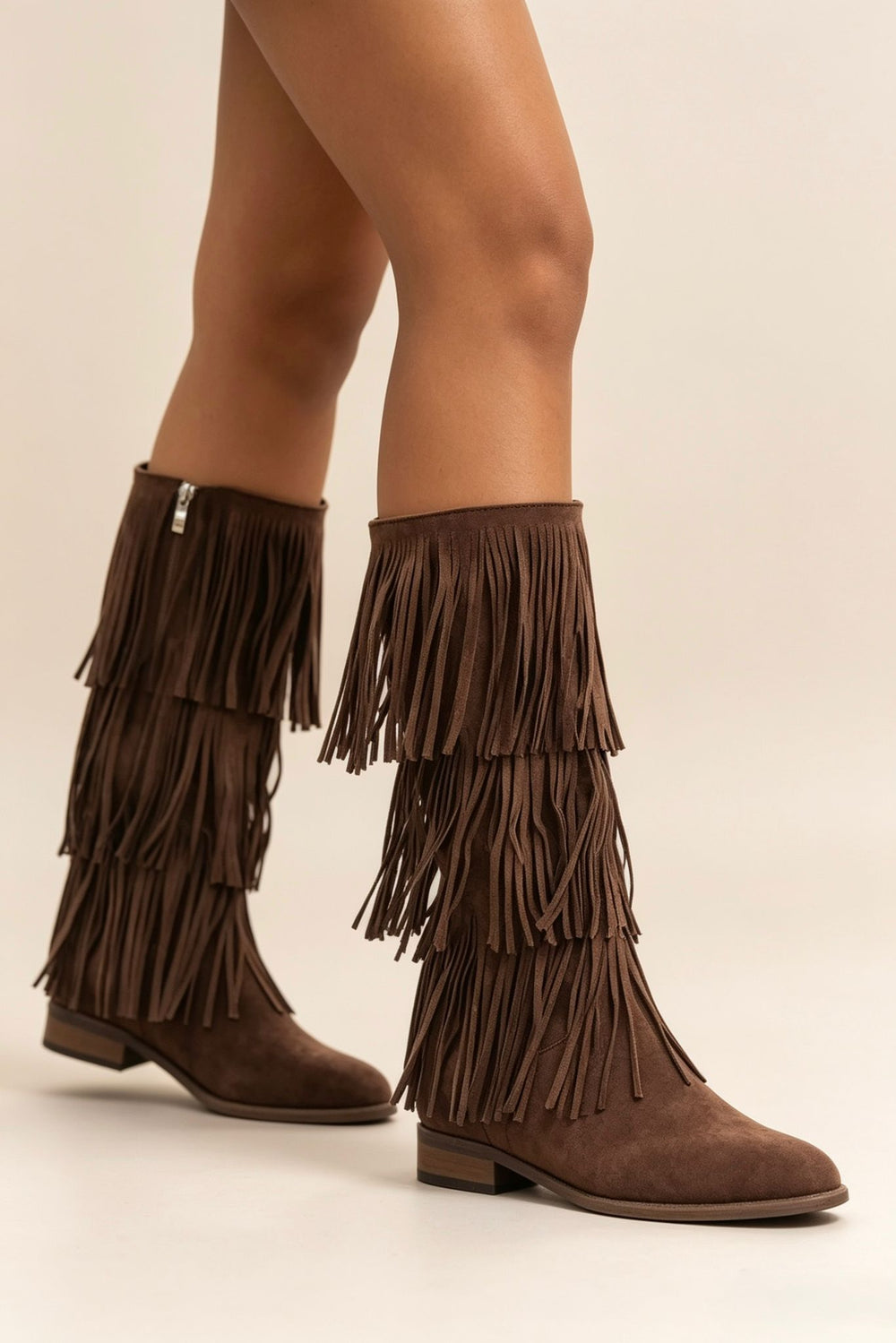 Brown Faux Suede Fringe Western Cowboy Boots