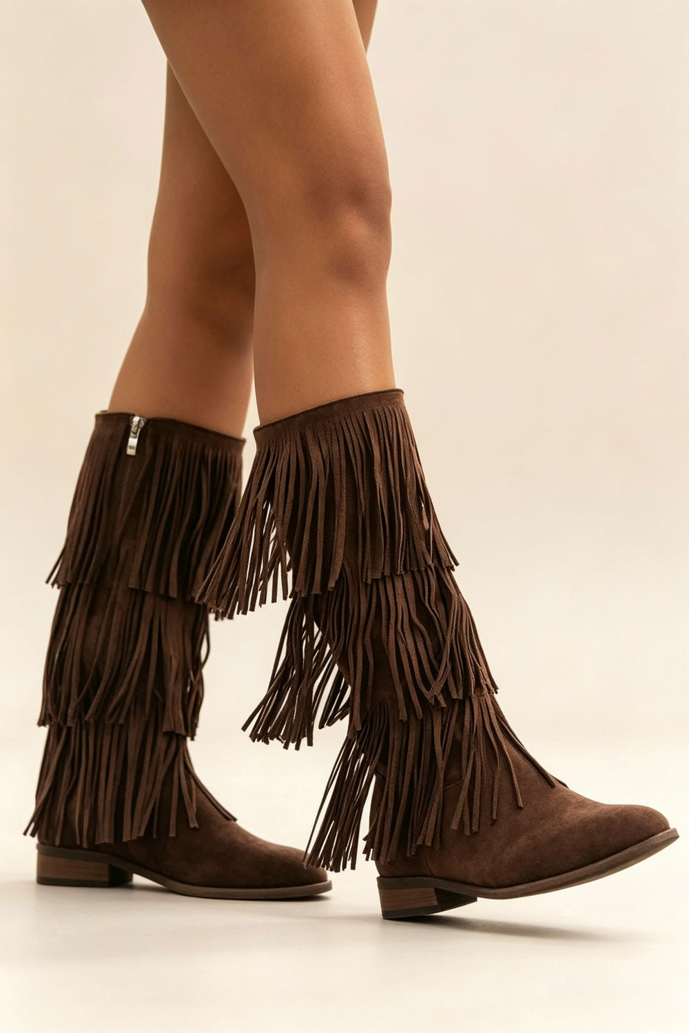 Brown Faux Suede Fringe Western Cowboy Boots