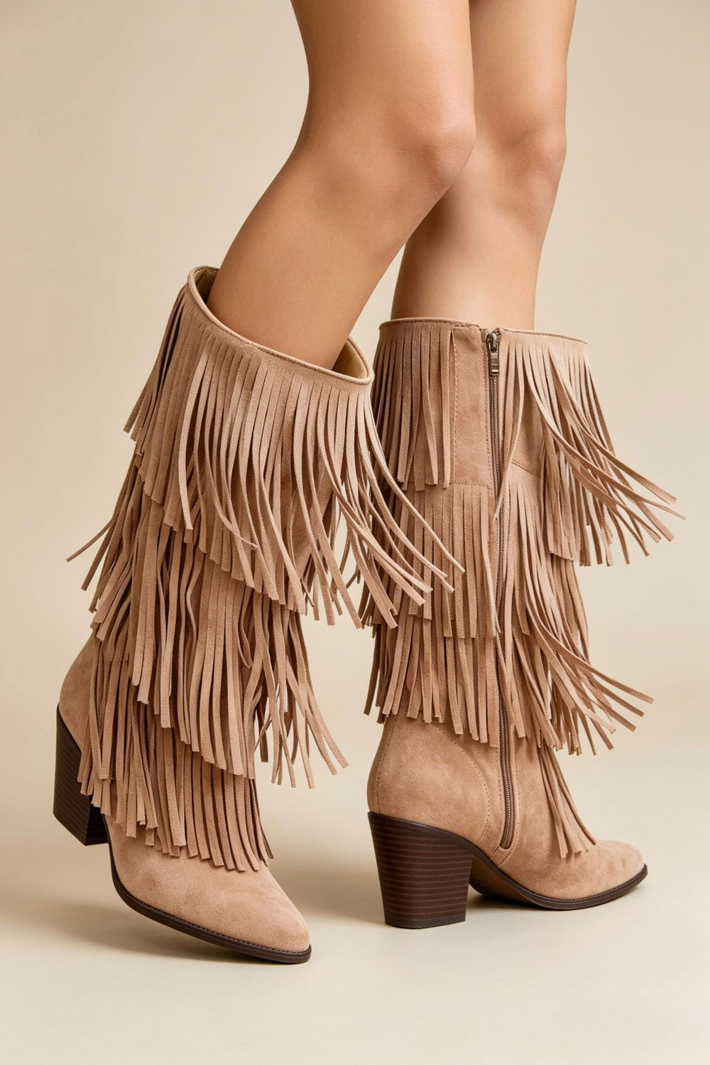 Western Layered Fringe Beige Suede Festival Cowboy Boots
