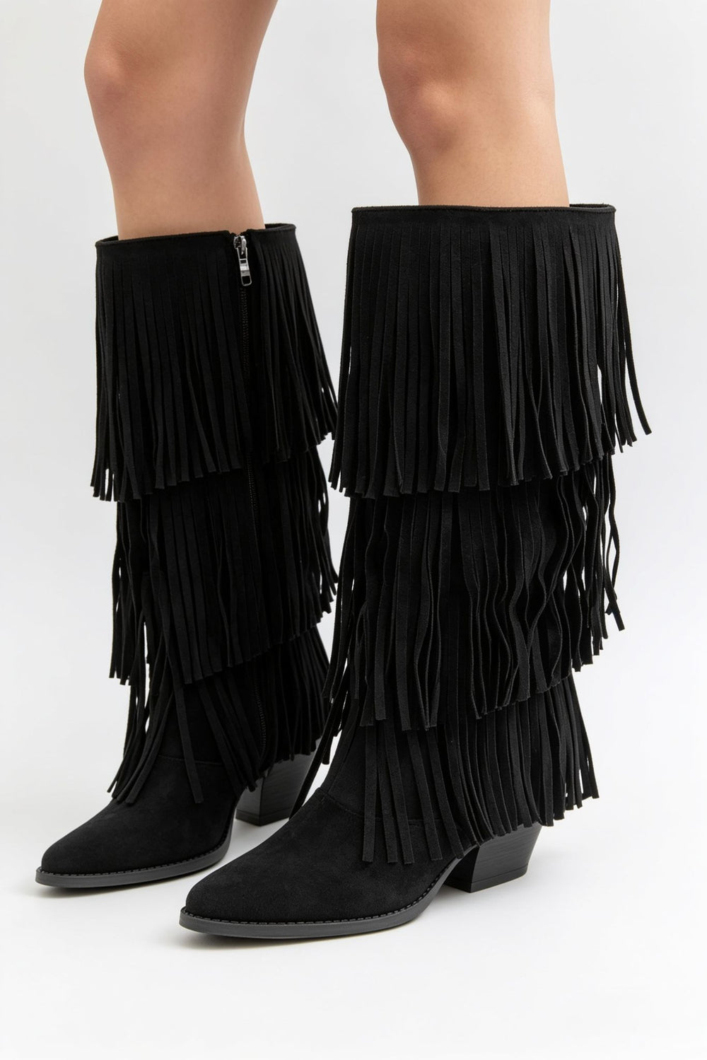 Western Layered Fringe Black Suede Festival Cowboy Boots