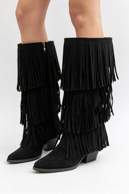 Western Layered Fringe Black Suede Festival Cowboy Boots