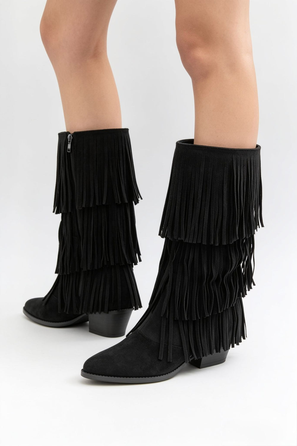Western Layered Fringe Black Suede Festival Cowboy Boots
