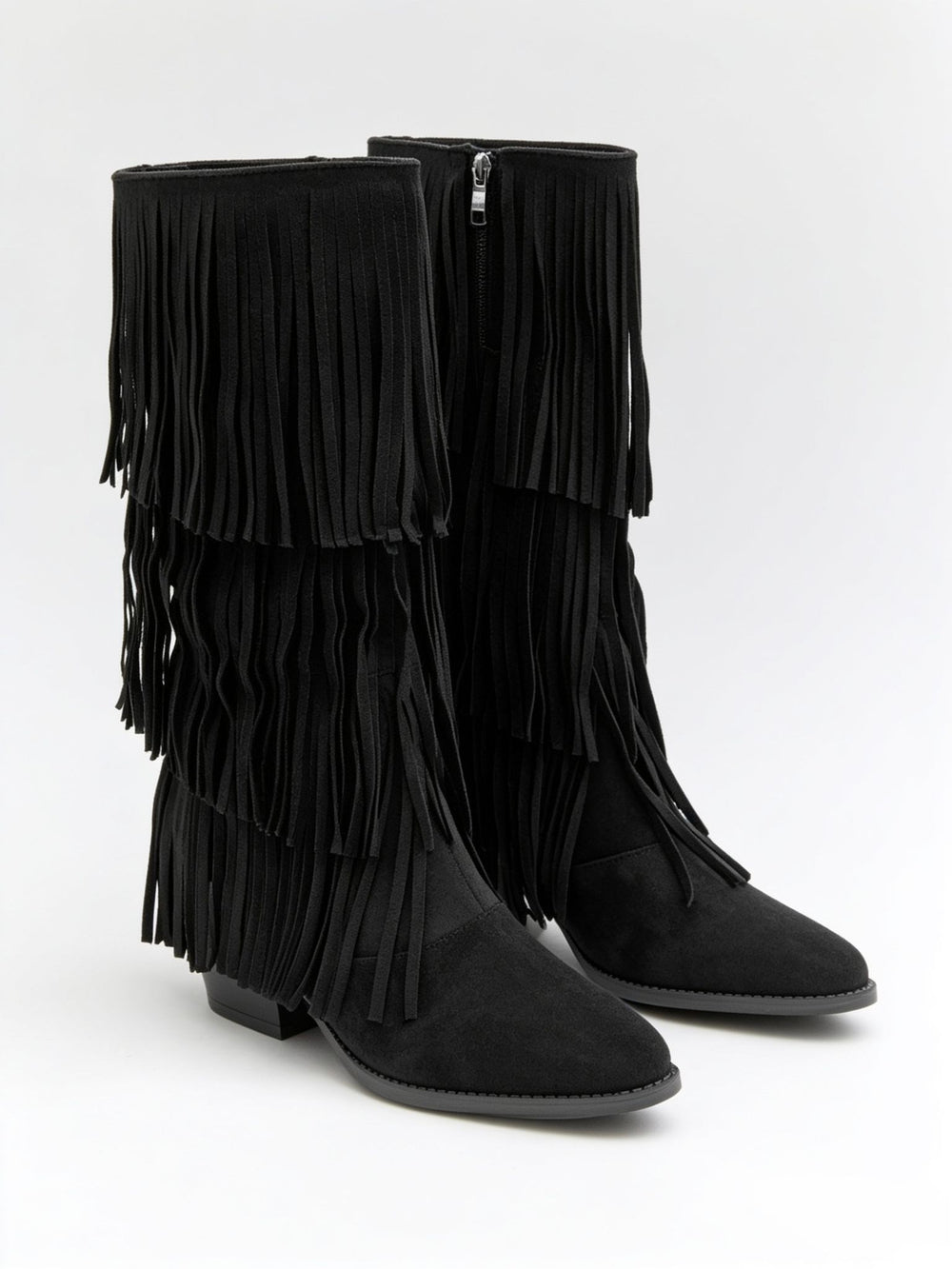 Western Layered Fringe Black Suede Festival Cowboy Boots